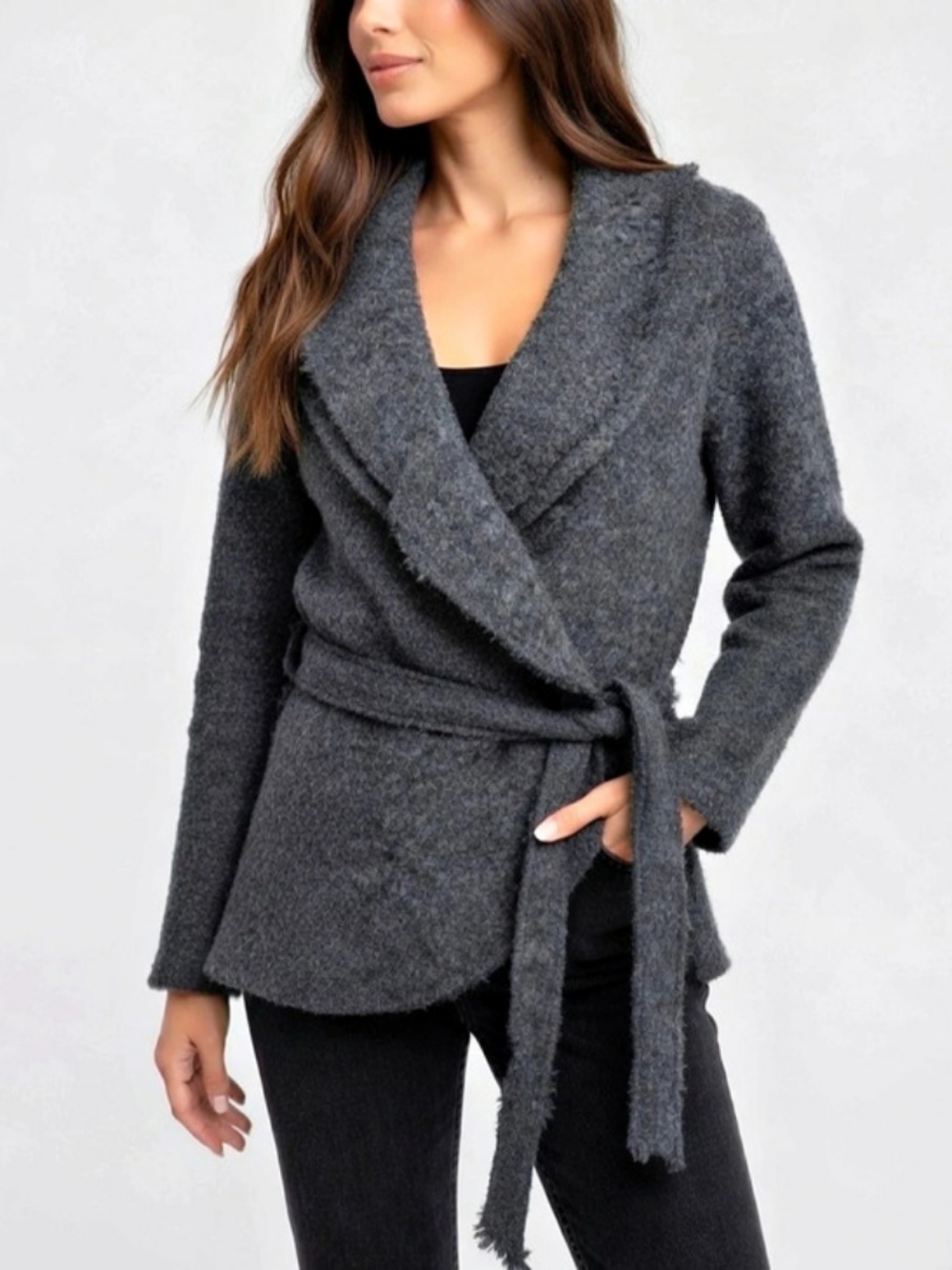 Coupe Collection Charcoal Gray 100% Wool Shawl-Collar Wrap Cardigan Jacket L